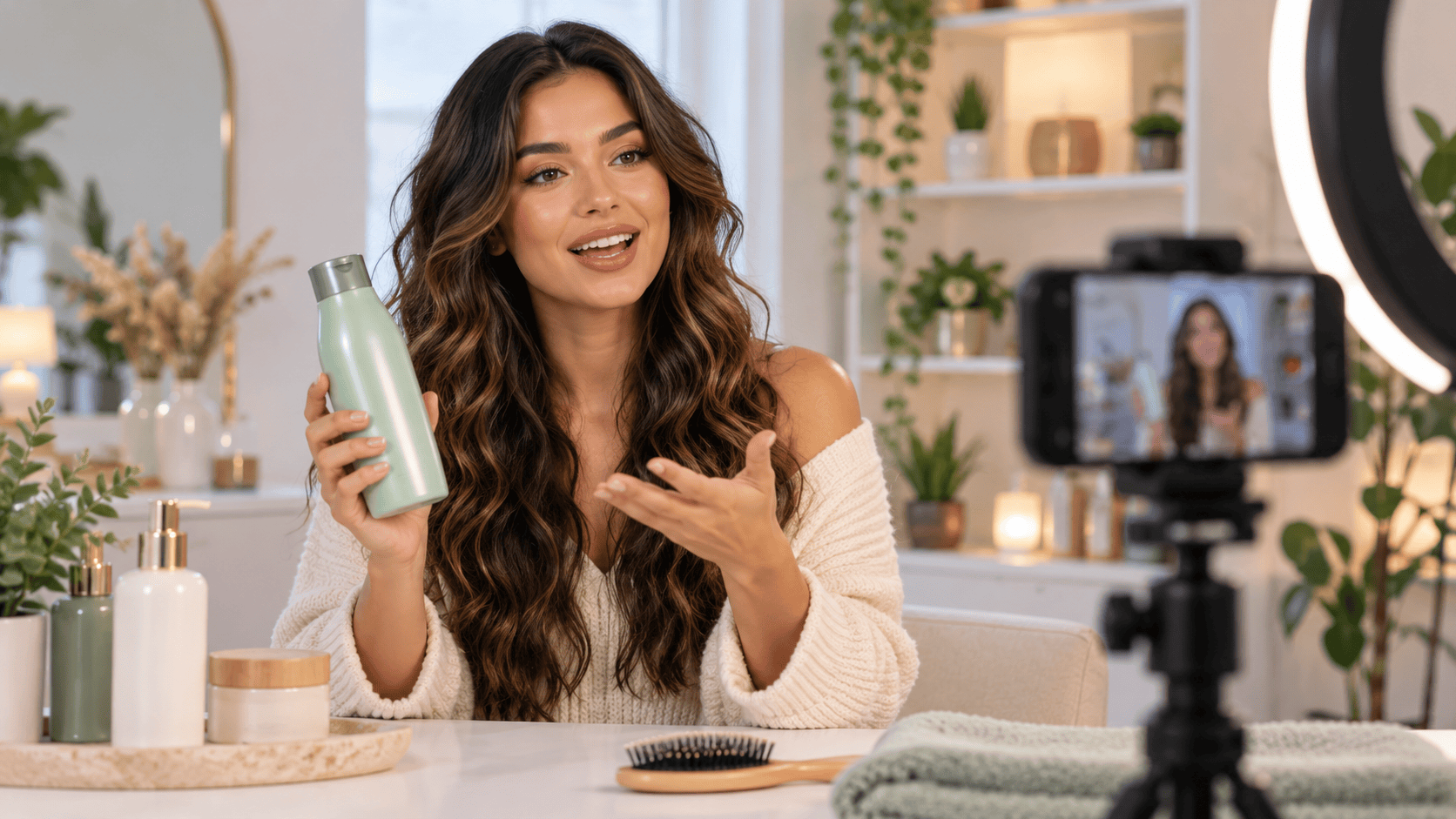Influencer presentando champú en su estudio